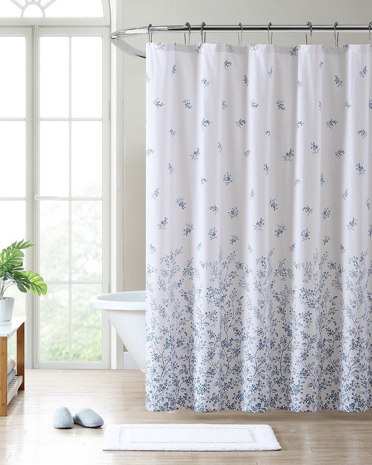 Flora Blue Cotton Twill Shower Curtain - Hanging view