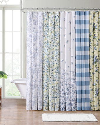 Flora Blue Cotton Twill Shower Curtain - View of available shower curtains