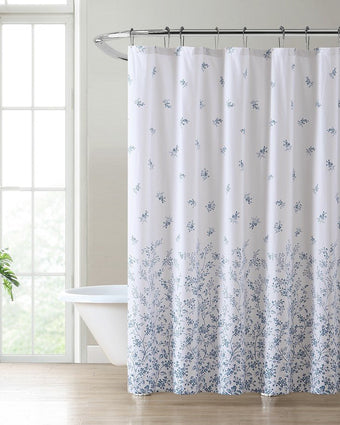 Flora Blue Cotton Twill Shower Curtain - Hanging view