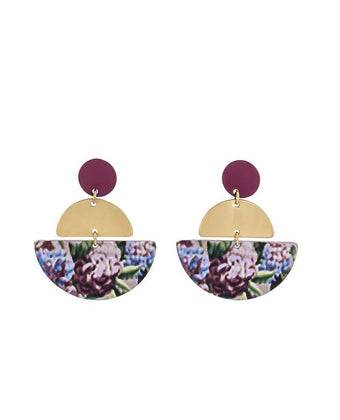 Flower Crescent Disc Earrings - Closeup view