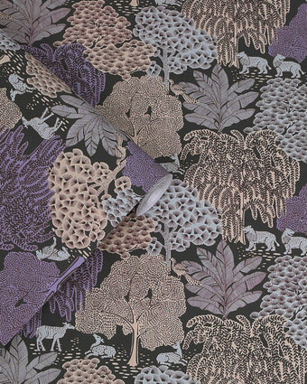 Garwood Grove Violet Grey Wallpaper view of wallpaper and roll of wallpaper