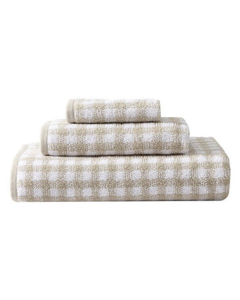 Ginny Beige Cotton Terry 3 Piece Towel Set - View of folded bath towel, hand towel and wash cloth