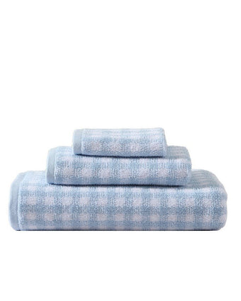 Ginny Blue Cotton Terry 3 Piece Towel Set - View of folded bath, hand and washcloth