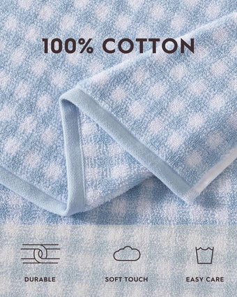Ginny Blue Cotton Terry 3 Piece Towel Set - Close up view of hem and fabric information