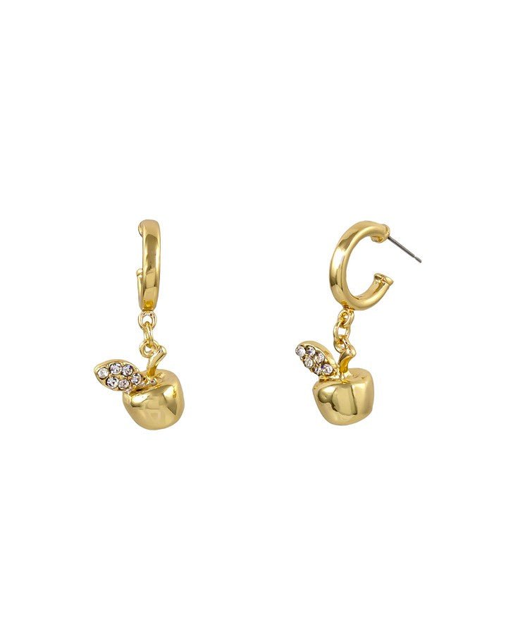 Gold Apple Drop Hoop Earrings - Front view of earrings