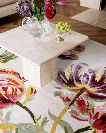 Gosford Cranberry Rug Lifestyle image of rug under coffee table
