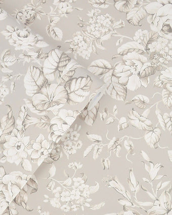 Heledd Blooms Dove Grey Wallpaper close up with wallpaper role