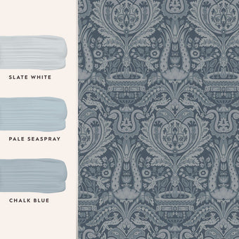 Heraldic Damask Dusky Seaspray Wallpaper Sample - View of coordinating paint colors