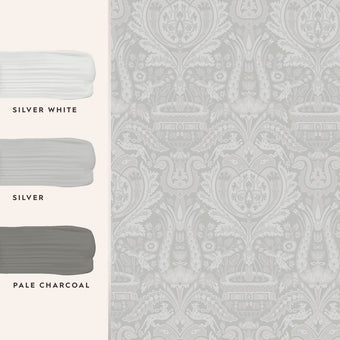 Heraldic Damask Slate Grey Wallpaper Sample - View of coordinating paint colors