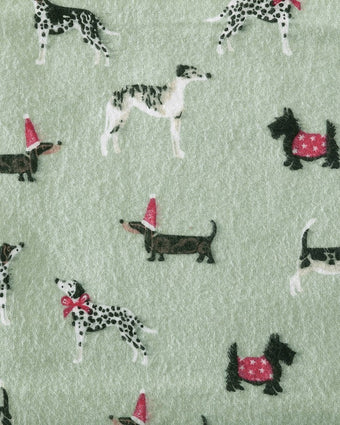 Holiday Pups Green Cotton Flannel Sheet Set close up view of fabric