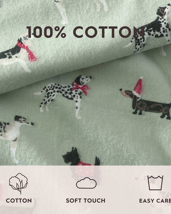 Holiday Pups Green Cotton Flannel Sheet Set view of information about sheets