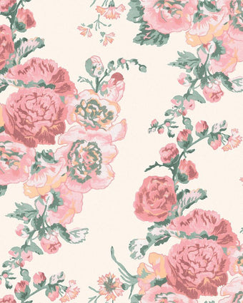Hollyhocks Coral Pink Wallpaper - Close up view of wallpaper