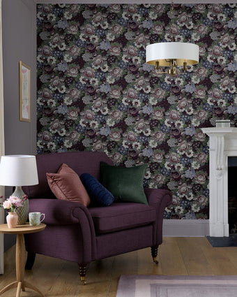 Honnington Peonies Blackberry Purple Wallpaper view of wallpaper on a wall