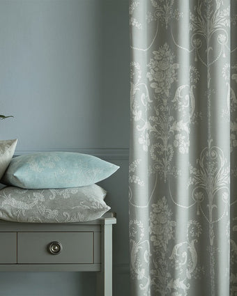 Josette Dove Grey Fabric - view of fabric curtain
