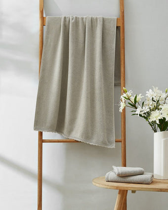 Juliette Lace Hem Grey 3 Piece Towel Set View of towel hanging