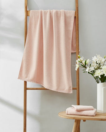Juliette Lace Hem Blush 3 Piece Towel Set View of hanging towel