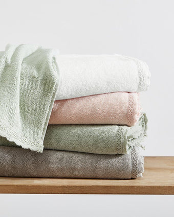 Juliette Lace Hem Blush 3 Piece Towel Set View of folded towels in available colours