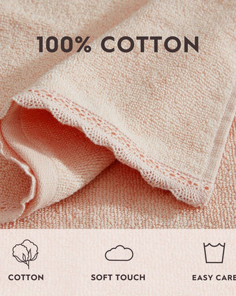 Juliette Lace Hem Blush 3 Piece Towel Set View of towel information