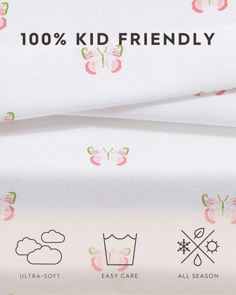 Kids Fluttery Friends Pink Microfiber Sheet Set - View of information about the sheets