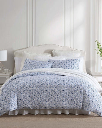 Lorelei Indigo Sateen Duvet Cover Set full view of duvet and shams