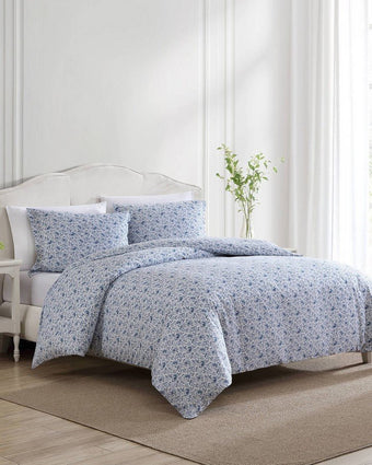 Lorelei Indigo Sateen Duvet Cover Set angle view of duvet and shams