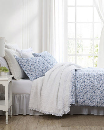 Lorelei Indigo Sateen Duvet Cover Set side view of duvet and shams