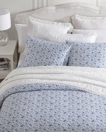 Lorelei Indigo Sateen Duvet Cover Set over head view of duvet and shams