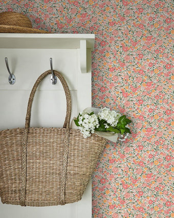 Loveston Coral Pink Wallpaper view of wallpaper on a wall