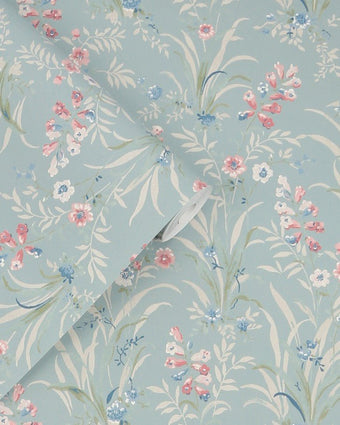 Posy Dark Duck Egg Blue Wallpaper close up and wallpaper role