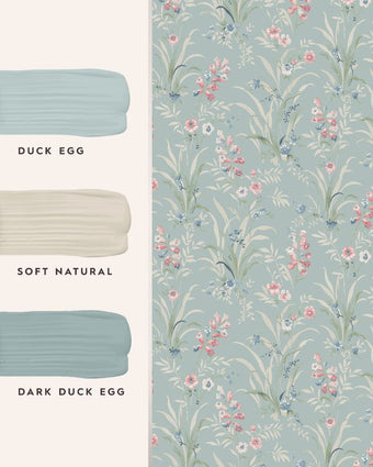 Posy Dark Duck Egg Blue Wallpaper with featured coordinating paint