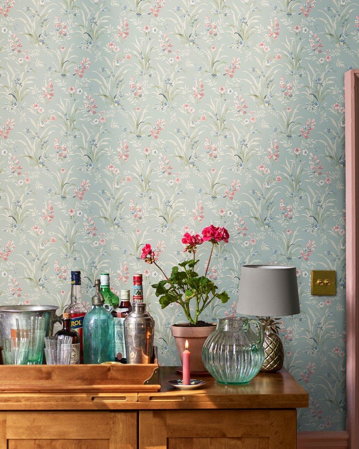 Mosedale Posy Dark Duck Egg Blue Wallpaper
