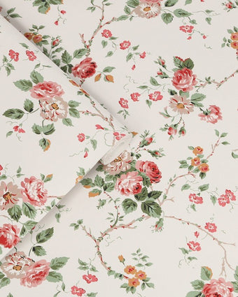 Mountney Garden Antique Pink Wallpaper view of wallpaper and a roll of wallpaper