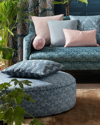 Musica Spruce Fabric - View of upholstered ottoman with this fabric