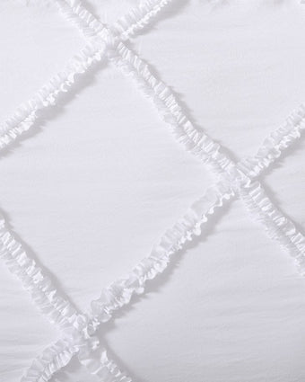 Norah White Microfiber Comforter Set  Close up view of ruffle detail on comforter.