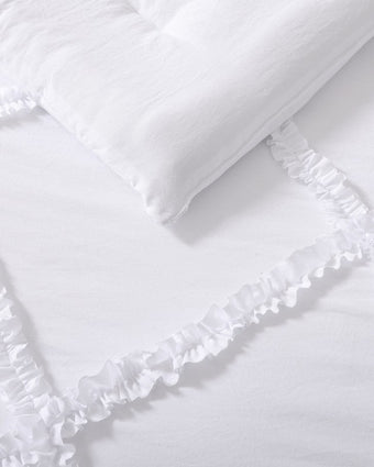 Norah White Microfiber Comforter Set   View of ruffle and back of comforter.