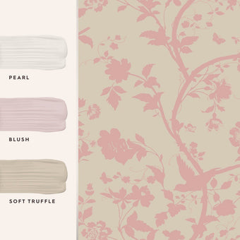 Oriental Garden Pearlescent Chalk Pink Wallpaper Sample - View of coordinating paint colors