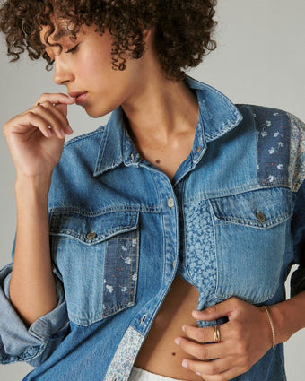 Patchwork Denim Shirt close up view of shirt