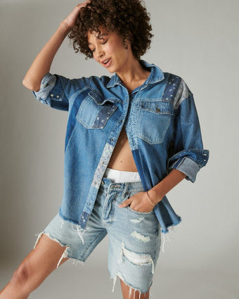 Patchwork Denim Shirt front view of shirt