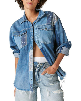 Patchwork Denim Shirt front view of shirt