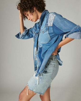 Patchwork Denim Shirt side view of shirt
