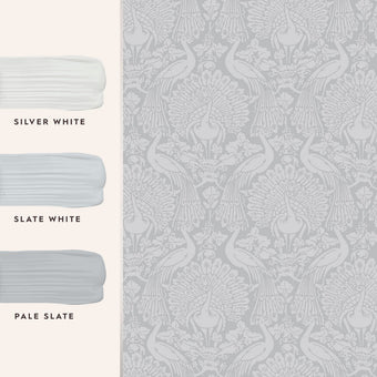 Peacock Damask Pale Slate Wallpaper Sample - View of coordinating paint colors