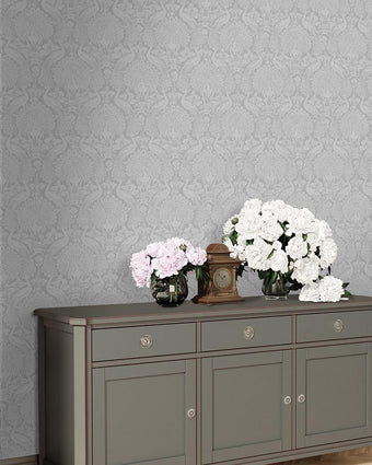 Peacock Damask Pale Slate Wallpaper Sample - Laura Ashley