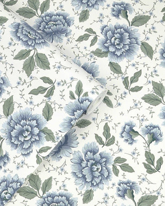 Pickworth Posy Pale Seaspray Blue Wallpaper close up and wallpaper role