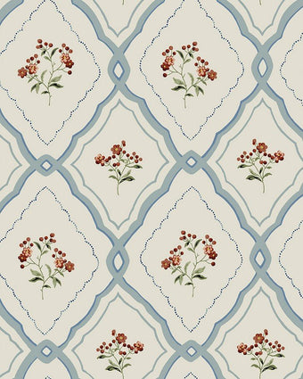 Pinford Trellis Pale Seaspray Blue Wallpaper close up view of wallpaper