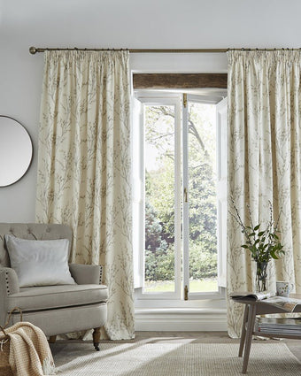 Pussy Willow Dove Grey Pencil Pleat Curtains in Living Room with Window