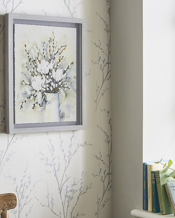 Pussy Willow In Vase Framed Print Wall Art . Side view.