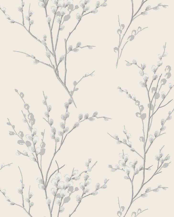 Pussy Willow Off White and Steel Wallpaper