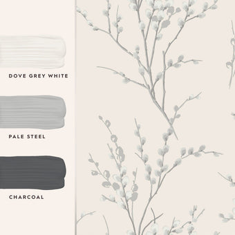 Pussy Willow Off White and Steel Wallpaper Sample -  View of coordinating paint colors