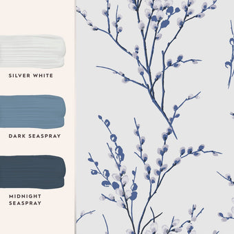 Pussy Willow Off White/Midnight Wallpaper - View of coordinating paint colors