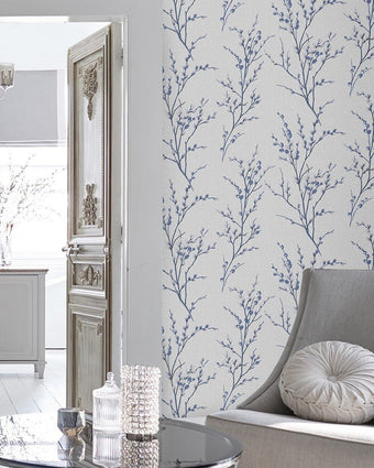 Pussy Willow Off White/Midnight Wallpaper Sample - Laura Ashley